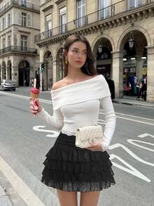 SHEIN MOD 女款純色露肩長袖蕾絲下擺優雅法式毛衣，秋季返校上班早午餐穿搭，米白色 - 白色 - 查看 3