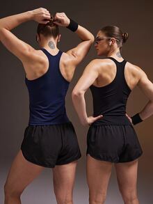 Powerista Women's Black & Navy Blue Seamless Fitted Sports Tank Top 2pcs Set - Multicolor - View 2