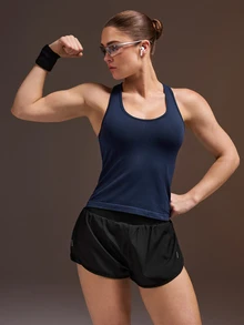 Powerista Women's Black & Navy Blue Seamless Fitted Sports Tank Top 2pcs Set - Multicolor - View 10