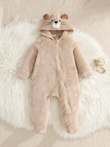 SHEIN Baby Boy Girl Autumn/Winter Cute Casual Cartoon Bear Pattern Hooded Fuzzy Romper With Footies - Apricot - View 4
