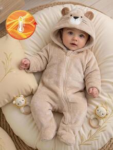 SHEIN Baby Boy Girl Autumn/Winter Cute Casual Cartoon Bear Pattern Hooded Fuzzy Romper With Footies - Apricot - View 6