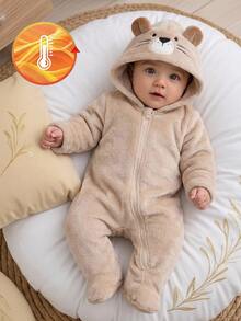 SHEIN Baby Boy Girl Autumn/Winter Cute Casual Cartoon Bear Pattern Hooded Fuzzy Romper With Footies - Apricot - View 5