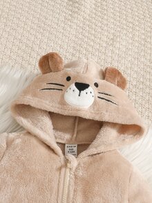 SHEIN Baby Boy Girl Autumn/Winter Cute Casual Cartoon Bear Pattern Hooded Fuzzy Romper With Footies - Apricot - View 2