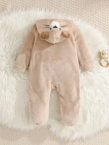 SHEIN Baby Boy Girl Autumn/Winter Cute Casual Cartoon Bear Pattern Hooded Fuzzy Romper With Footies - Apricot - View 3