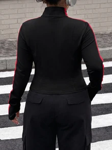 Muchica Chaqueta de mujer talla grande casual deportiva vintage de los años 20, estilo urbano, color negro con bloques de color y rayas, para otoño, salidas, vacaciones y oficina - Negro - Ver 2