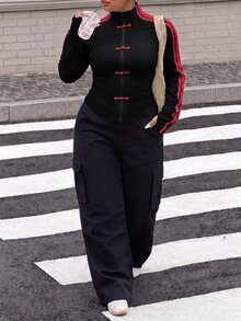 Muchica Chaqueta de mujer talla grande casual deportiva vintage de los años 20, estilo urbano, color negro con bloques de color y rayas, para otoño, salidas, vacaciones y oficina - Negro - Ver 5