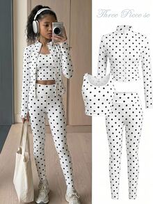 SHEIN 青少年女孩 1件波點印花拉鍊外套 & 1件緊身褲 & 1件背心 - 黑與白 - 查看 17