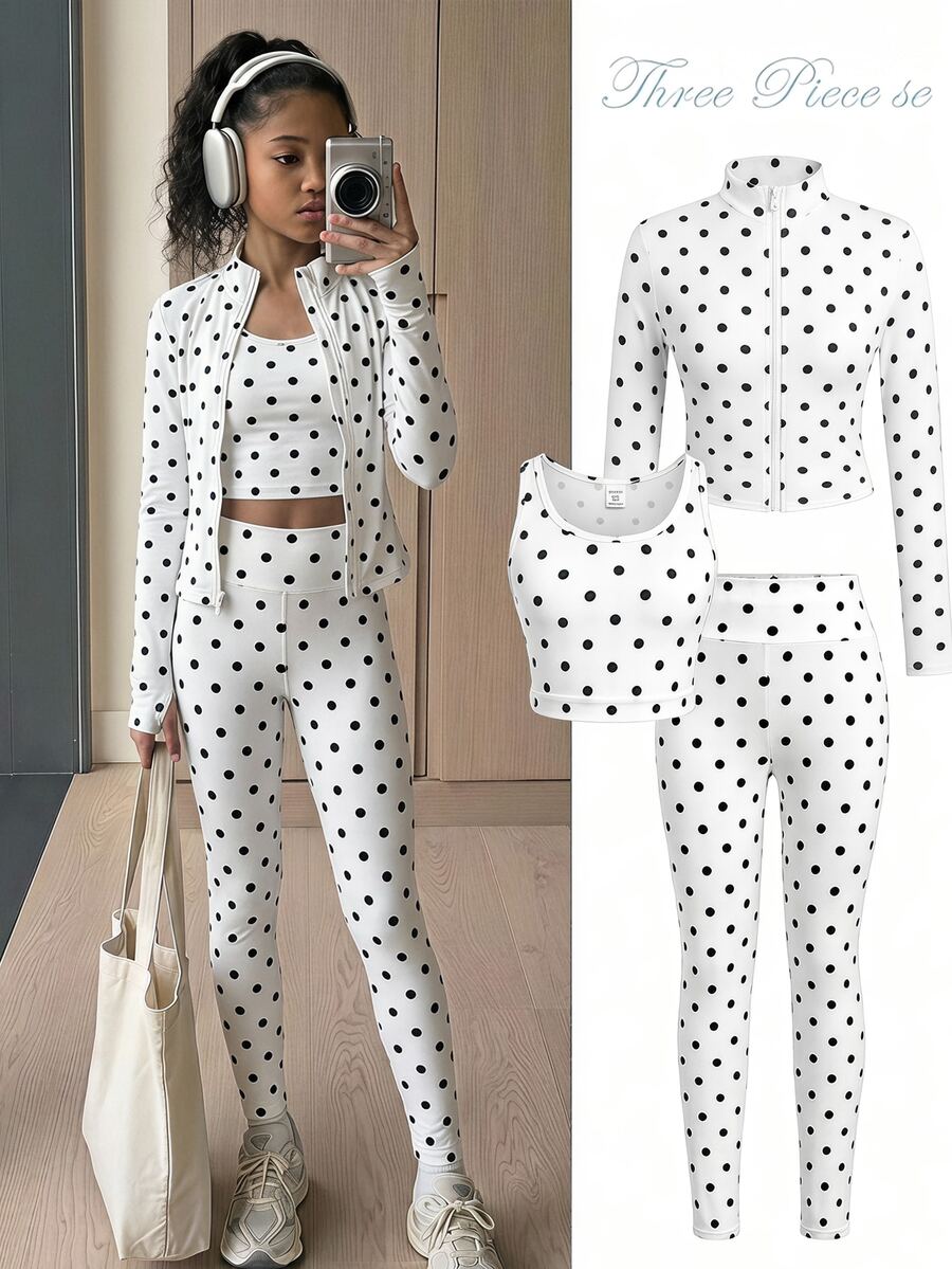 SHEIN طقم بناتي للمراهقات: 1 قطعة جاكيت بسحاب بطبعة نقاط بولكا & 1 قطعة بنطلون ليقنز & 1 قطعة توب بدون أكمام - أبيض وأسود - مشاهدة 1