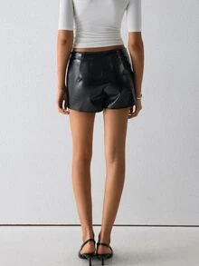 ATUI Studio Women's Textured Faux Leather Low Rise Shorts – Pull On Bottoms, Everyday Essential For Fall, Daily & Work - Black - View 6