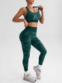 SHEIN Sports 女款無縫短版鏤空背心與緊身褲運動套裝 - 綠色 - 查看 4