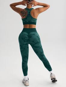 SHEIN Sports 女款無縫短版鏤空背心與緊身褲運動套裝 - 綠色 - 查看 5