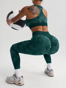 SHEIN Sports 女款無縫短版鏤空背心與緊身褲運動套裝 - 綠色 - 查看 6