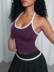 Core Rhythm Core Rhythm Colorblock Trim Backless Halter Neck Sports Tank Top Gym Dark Purple Summer Modest Athleisure Active Athletic Sexy Sporty Gym Workout Gym - Burgundy - View 2