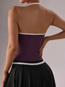 Core Rhythm Core Rhythm Colorblock Trim Backless Halter Neck Sports Tank Top Gym Dark Purple Summer Modest Athleisure Active Athletic Sexy Sporty Gym Workout Gym - Burgundy - View 4