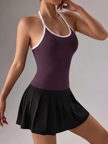 Core Rhythm Core Rhythm Colorblock Trim Backless Halter Neck Sports Tank Top Gym Dark Purple Summer Modest Athleisure Active Athletic Sexy Sporty Gym Workout Gym - Burgundy - View 5