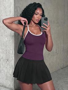 Core Rhythm Core Rhythm Colorblock Trim Backless Halter Neck Sports Tank Top Gym Dark Purple Summer Modest Athleisure Active Athletic Sexy Sporty Gym Workout Gym - Burgundy - View 1