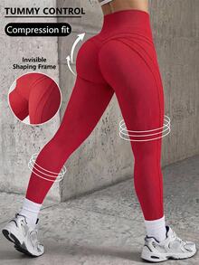 SHEIN Core Rhythm Solid Color High Waist Seamless Sports Leggings - Burgundy - View 1