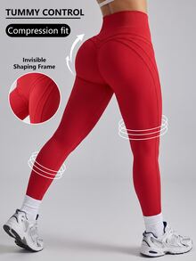 SHEIN Core Rhythm Solid Color High Waist Seamless Sports Leggings - Burgundy - View 4