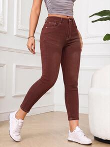SHEIN PETITE 休閒水洗修身牛仔褲 - 棕色 - 查看 3