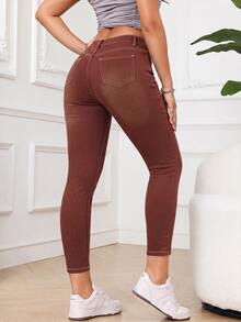 SHEIN PETITE 休閒水洗修身牛仔褲 - 棕色 - 查看 2