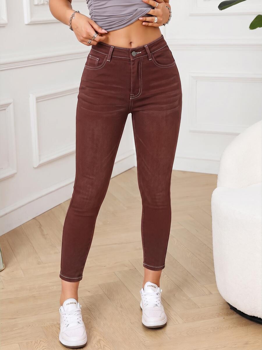 SHEIN PETITE 休閒水洗修身牛仔褲 - 棕色 - 查看 1