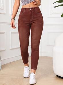 SHEIN PETITE 休閒水洗修身牛仔褲 - 棕色 - 查看 4