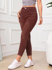 SHEIN PETITE 休閒水洗修身牛仔褲 - 棕色 - 查看 5