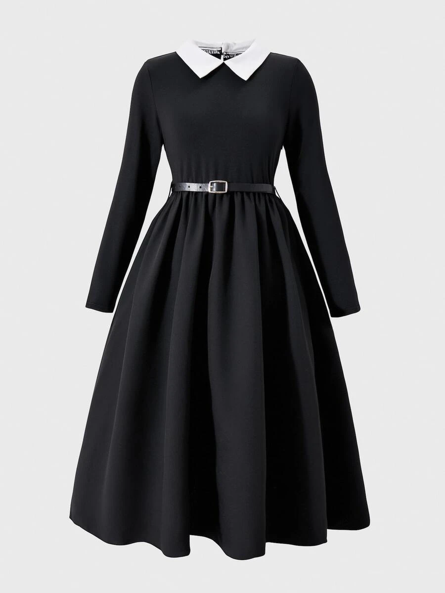 SHEIN Sparklyn Tween Girl Contrast Color Collar Long Sleeve Casual Goth Clean Girl Aesthetic School Style Dress Autumn Halloween School Party Black And White - Black - View 1