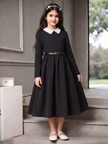 SHEIN Sparklyn 青少年女孩對比色領口長袖休閒哥德風簡約女孩風校園風洋裝，秋季萬聖節校園派對，黑白配色 - 黑色 - 查看 1