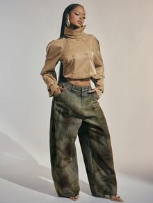Denimoi Wide Barrel Leg Unique Washed Denim Jeans Fashionable Streetwear - Olive Green - View 4
