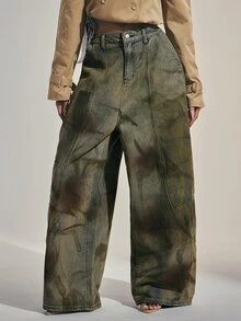 Denimoi Wide Barrel Leg Unique Washed Denim Jeans Fashionable Streetwear - Olive Green - View 2