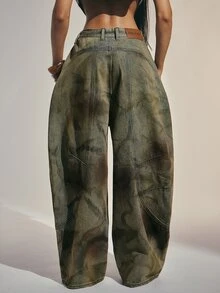 Denimoi Wide Barrel Leg Unique Washed Denim Jeans Fashionable Streetwear - Olive Green - View 3
