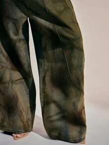Denimoi Wide Barrel Leg Unique Washed Denim Jeans Fashionable Streetwear - Olive Green - View 5