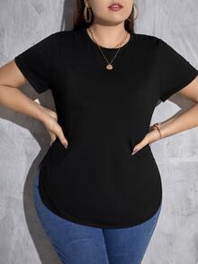 SHEIN Essnce Camiseta unicolor bajo curvo - Negro - Ver 6