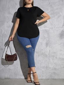 SHEIN Essnce Camiseta unicolor bajo curvo - Negro - Ver 5