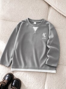 男童灰色華夫格針織 2 合 1 衛衣，小馬印花，休閒慵懶風，適合日常穿著與上學 - 灰色 - 查看 3