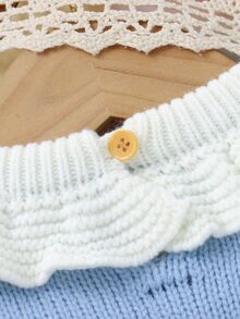 SHEIN 嬰兒粉色 2 件套新生兒毛衣洋裝（荷葉領 + 刺繡）+ 休閒內搭褲，簡約甜美風格 - 藍色 - 查看 4