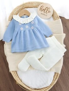 SHEIN 嬰兒粉色 2 件套新生兒毛衣洋裝（荷葉領 + 刺繡）+ 休閒內搭褲，簡約甜美風格 - 藍色 - 查看 5