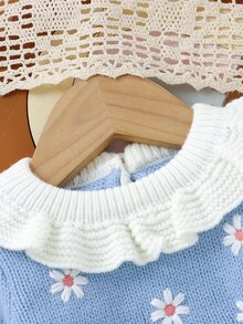 SHEIN 嬰兒粉色 2 件套新生兒毛衣洋裝（荷葉領 + 刺繡）+ 休閒內搭褲，簡約甜美風格 - 藍色 - 查看 3