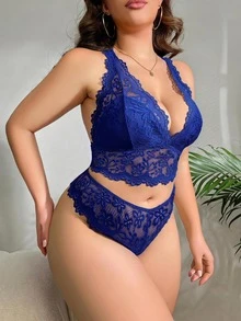 SHEIN 大尺碼女款花卉蕾絲時尚舒適內衣套裝 - 寶藍色 - 查看 5
