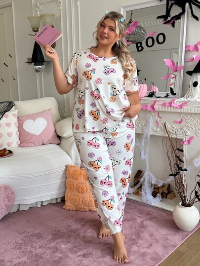 Slumberry CURVE Plus Size Women's Halloween Floral, Skull & Cherry Print Short Sleeve Long Pants Pajama Set