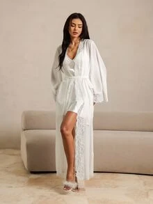 HautHeat Women's Solid Color Contrast Lace Robe And Camisole Dress Pajama Set - White - View 3