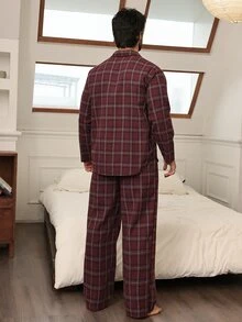 DAZY 男士酒紅色格紋襯衫搭配鬆緊腰長褲居家休閒套裝 秋季 - 酒紅色 - 查看 2