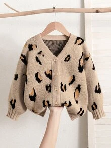 SHEIN Young Girl Autumn/Winter Vintage Casual Leopard Pattern V-Neck Cardigan , Festival, Halloween, Back To School - Khaki - View 6