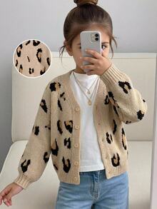 SHEIN Young Girl Autumn/Winter Vintage Casual Leopard Pattern V-Neck Cardigan , Festival, Halloween, Back To School - Khaki - View 8