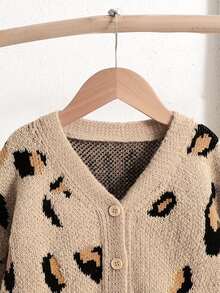 SHEIN Young Girl Autumn/Winter Vintage Casual Leopard Pattern V-Neck Cardigan , Festival, Halloween, Back To School - Khaki - View 7