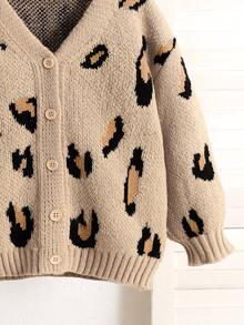 SHEIN Young Girl Autumn/Winter Vintage Casual Leopard Pattern V-Neck Cardigan , Festival, Halloween, Back To School - Khaki - View 3