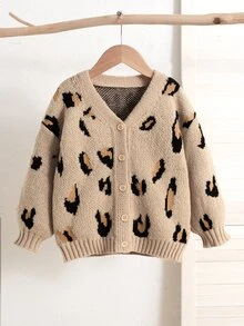 SHEIN Young Girl Autumn/Winter Vintage Casual Leopard Pattern V-Neck Cardigan , Festival, Halloween, Back To School - Khaki - View 5