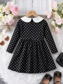 Cozy Pixies 女嬰女童黑白對比波點收腰洋裝，正式場合休閒日常百搭，柔軟舒適，萬聖節、Wednesday - 黑色 - 查看 2