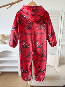 SHEIN 兒童青少年男孩秋冬款圖案長袖連帽拉鍊式親膚柔軟雙面法蘭絨居家連身衣，萬聖節秋季 - 紅色 - 查看 2